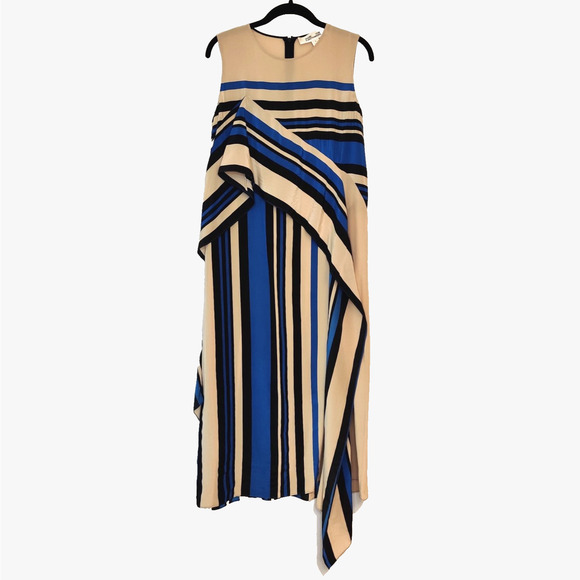 Diane Von Furstenberg DVF Borel Stripe Silk Shift Dress Size 2 Beige Blue Resort - Picture 4 of 16
